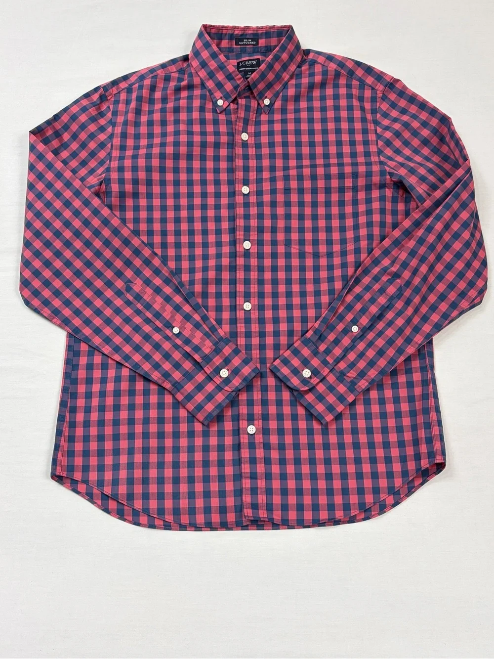 J.Crew Performance Slim Untucked Navy Red Gingham Plaid Button Down Shirt M